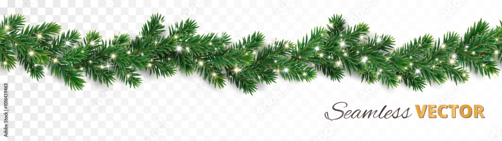 Seamless Christmas tree garland. Realistic pine-tree branches with ...