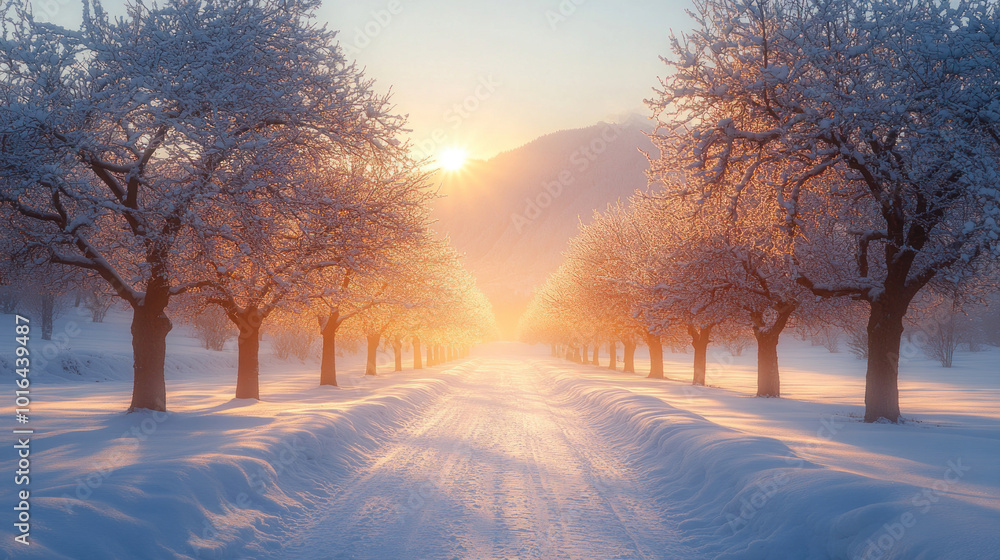 Frosty orchards with bare fruit trees, their branches glistening with frost in the early winter sun Frosty orchards with bare fruit trees, their branches glistening with frost in the early winter sun