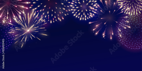Shiny colorful fireworks explosions. Red, pink and blue firecrackers. Holiday decoration for Christmas and New year party. Festive background for birthday invitations, wedding, diwali banners. Vector.