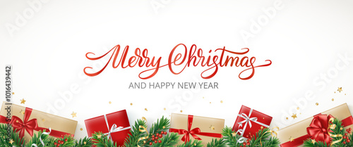 Christmas banner. Presents and fir-tree branches. Merry Christmas calligraphy. Holiday border on white background. Red and brown gift boxes. For New year banners, gift certificates, social media.