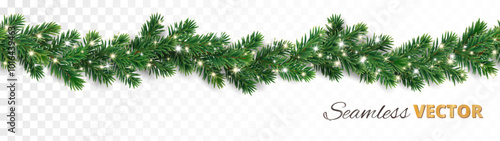 Seamless Christmas tree garland. Realistic pine-tree branches with Christmas lights decoration. Vector border for holiday banners, party posters. Transparent background can be removed in vector file.