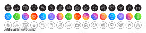 Clothing, Handbag size and T-shirt line icons. Round icon gradient buttons. Pack of Online shopping, Baggage scales, Love glasses icon. Change clothes, Wallet, Clean towel pictogram. Vector