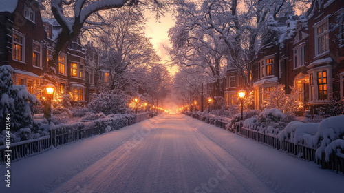 Grand snowy boulevard lined with historic buildings, their windows frosted and glowing with warm light