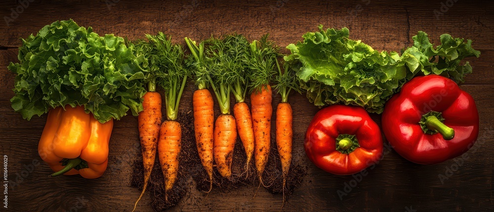 Fresh vegetables on a wooden table: carrots, lettuce, and bell peppers, showcasing vibrant colors and earthy textures.