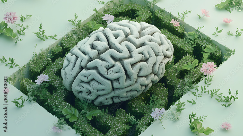 Brain fused with a green maze.brain merged with a green maze resembling a forest, soft pastel blossom season flowers.green forest maze, vibrant flowers in vivid colors growing Brain fused with a green maze.brain merged with a green maze resembling a forest, soft pastel blossom season flowers.green forest maze, vibrant flowers in vivid colors growing