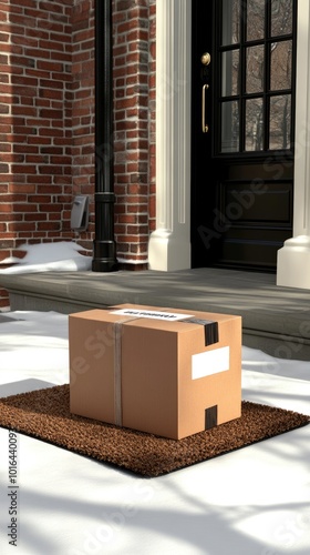 A cardboard package is set on a doormat outside an apartment entrance, with sunlight streaming through the window, creating cozy, inviting shadows