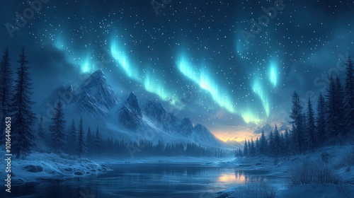 Serene winter night sky filled with stars and the northern lights, casting a soft glow over a snowy landscape