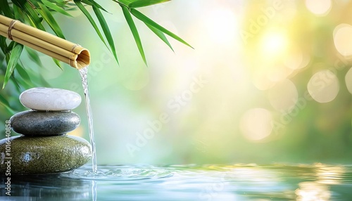 Bamboo water fountain pouring onto smooth stones near a serene water body. photo