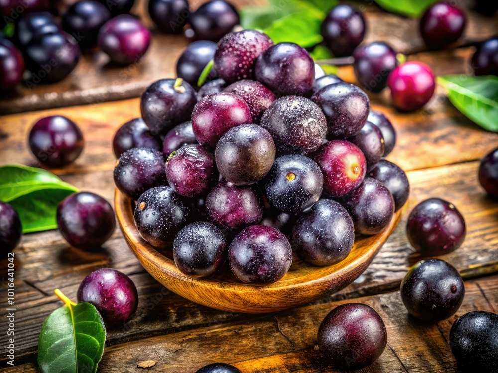 Vibrant jabuticaba fruits, freshly picked, rest on a wooden table, their unique purple skin gleaming and revealing captivating textures that entice the senses. Vibrant jabuticaba fruits, freshly picked, rest on a wooden table, their unique purple skin gleaming and revealing captivating textures that entice the senses.