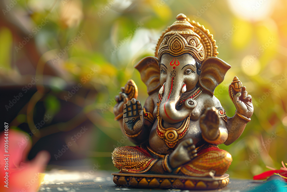 Fototapeta premium Beautiful greeting card with bright holiday composition for happy celebrate Ganesh Chaturthi