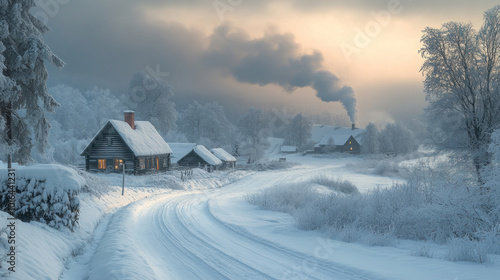 Snow-covered farmhouses and barns nestled in a frosty landscape, with smoke rising from the chimneys