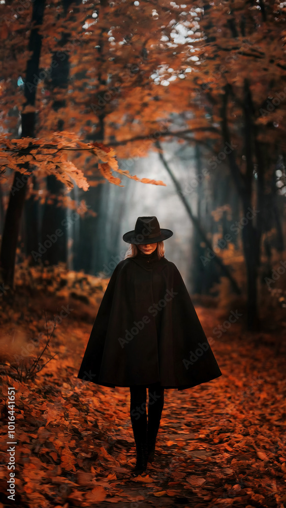 Woman in a black cape coat walking on a path covered with autumn leaves in a forest. Concept of solitude and autumn beauty. Woman in a black cape coat walking on a path covered with autumn leaves in a forest. Concept of solitude and autumn beauty.