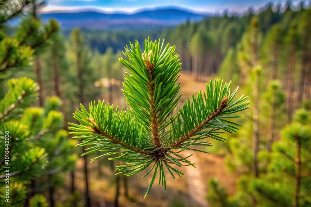 Aerial shot of pine twig in forest Aerial shot of pine twig in forest