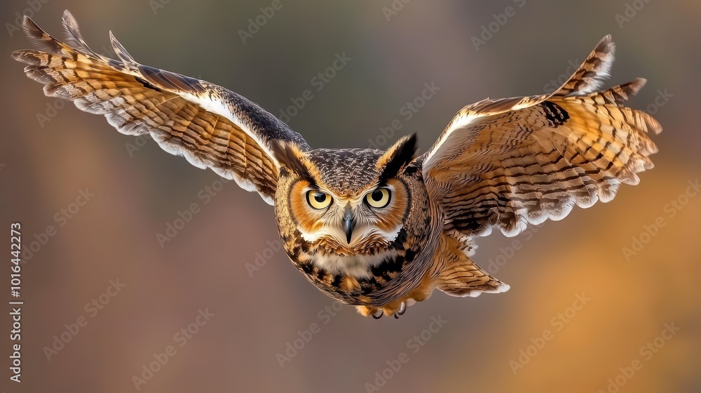 Majestic owl flying gracefully, showcasing its powerful wings and sharp gaze in a natural setting. Majestic owl flying gracefully, showcasing its powerful wings and sharp gaze in a natural setting.