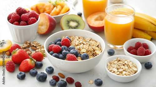 Healthy breakfast table with fresh fruits cereals and natural juices. Generative AI.