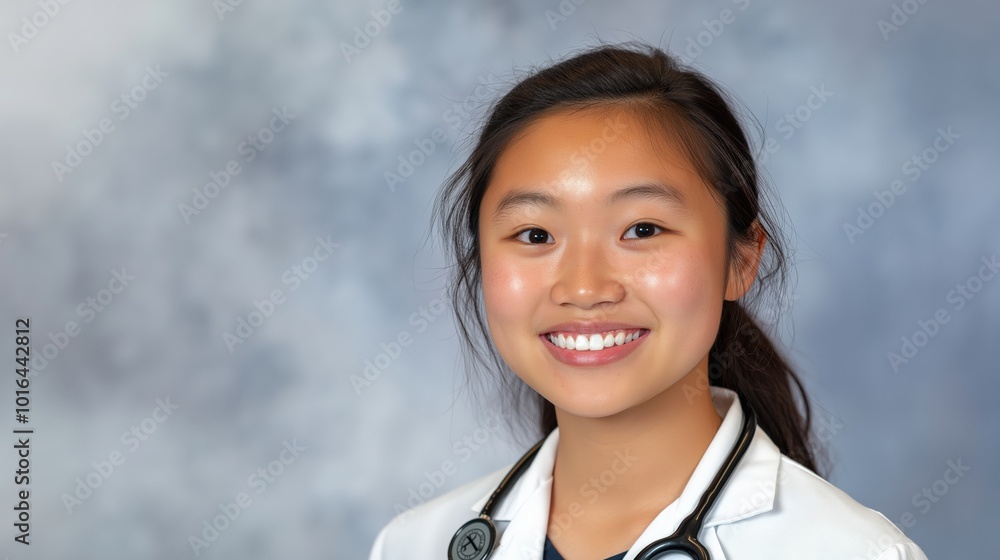Junge professionelle asiatische Frau in medizinischer Kleidung mit Stethoskop für Gesundheitsdesign Junge professionelle asiatische Frau in medizinischer Kleidung mit Stethoskop für Gesundheitsdesign