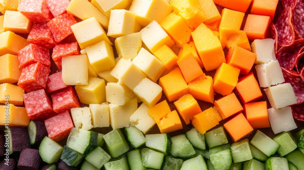 Close-up of a Rainbow Appetizer Platter with Cubes of Cheese, Salami, Cucumber, and Beets Close-up of a Rainbow Appetizer Platter with Cubes of Cheese, Salami, Cucumber, and Beets