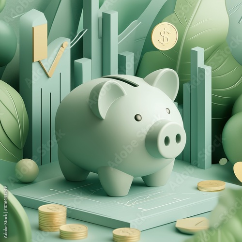 A modern, sleek piggy bank icon sits amid lush greenery, symbolizing savings and financial growth photo