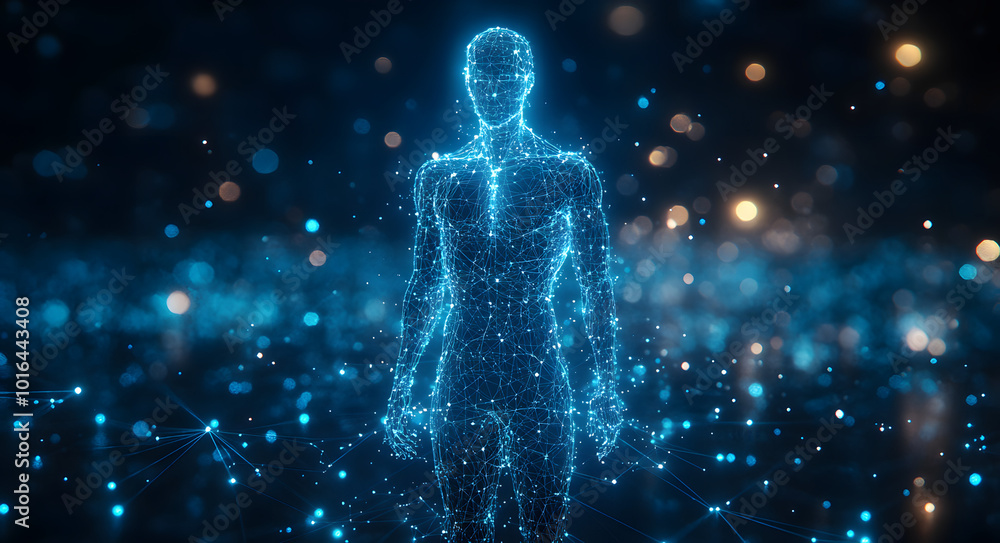 A wireframe hologram of the human body composed entirely of interconnected digital lines, representing advanced technology, medical innovation, and the complexity of human anatomy in a futuristic, dig A wireframe hologram of the human body composed entirely of interconnected digital lines, representing advanced technology, medical innovation, and the complexity of human anatomy in a futuristic, dig