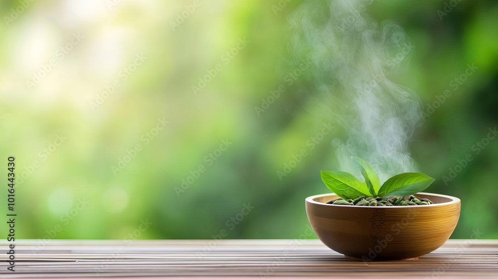 Fresh green leaves in a bowl, steam rising, blurred natural background. Fresh green leaves in a bowl, steam rising, blurred natural background.