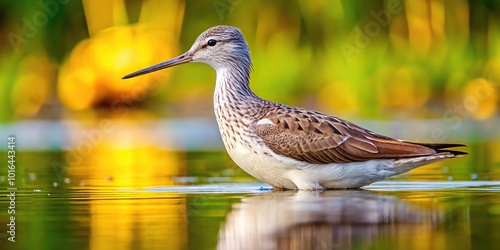 Panoramic photo of a common greenshank tringa nebularia standing on a lake shore photo