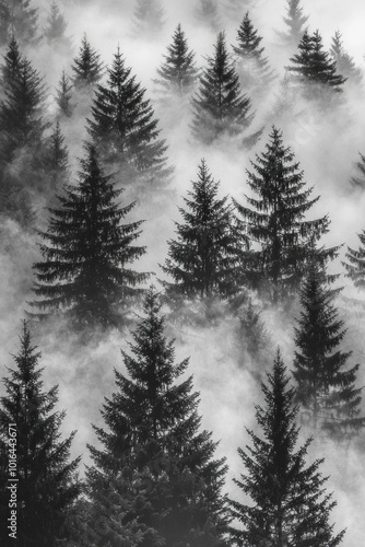 Black and white style of misty pine trees in a foggy forest, with a simple composition