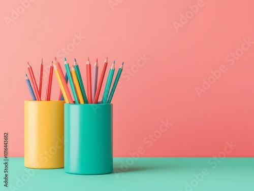 Colorful pencils in vibrant containers on a pastel background.