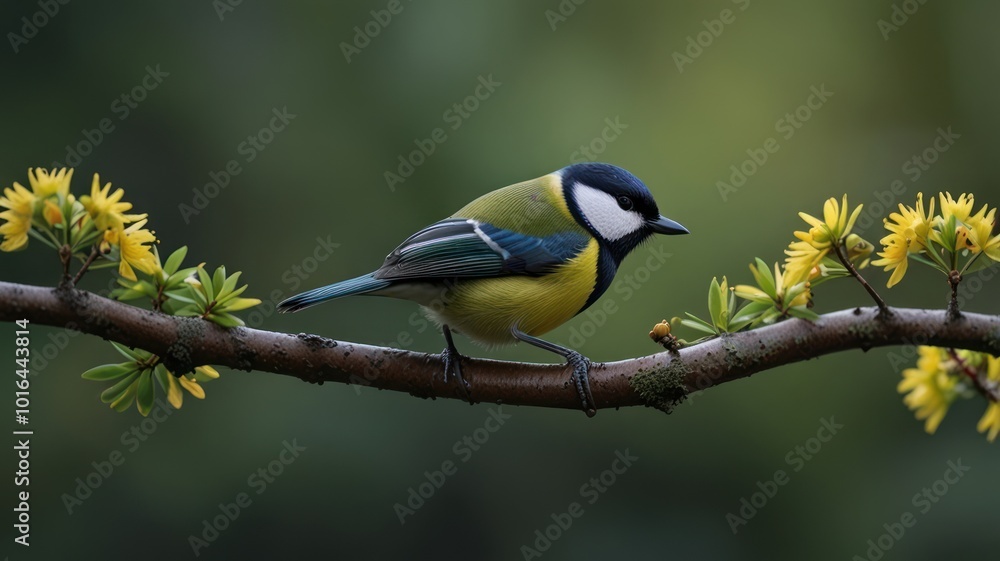 Fototapeta premium A blue tit perched on a branch with yellow blossoms, a vibrant green background blurs behind.