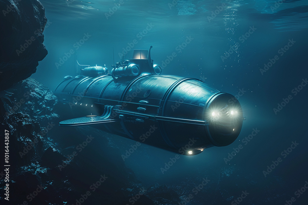 Beautiful large bathyscaphe floating in middle of ocean during exploration Beautiful large bathyscaphe floating in middle of ocean during exploration