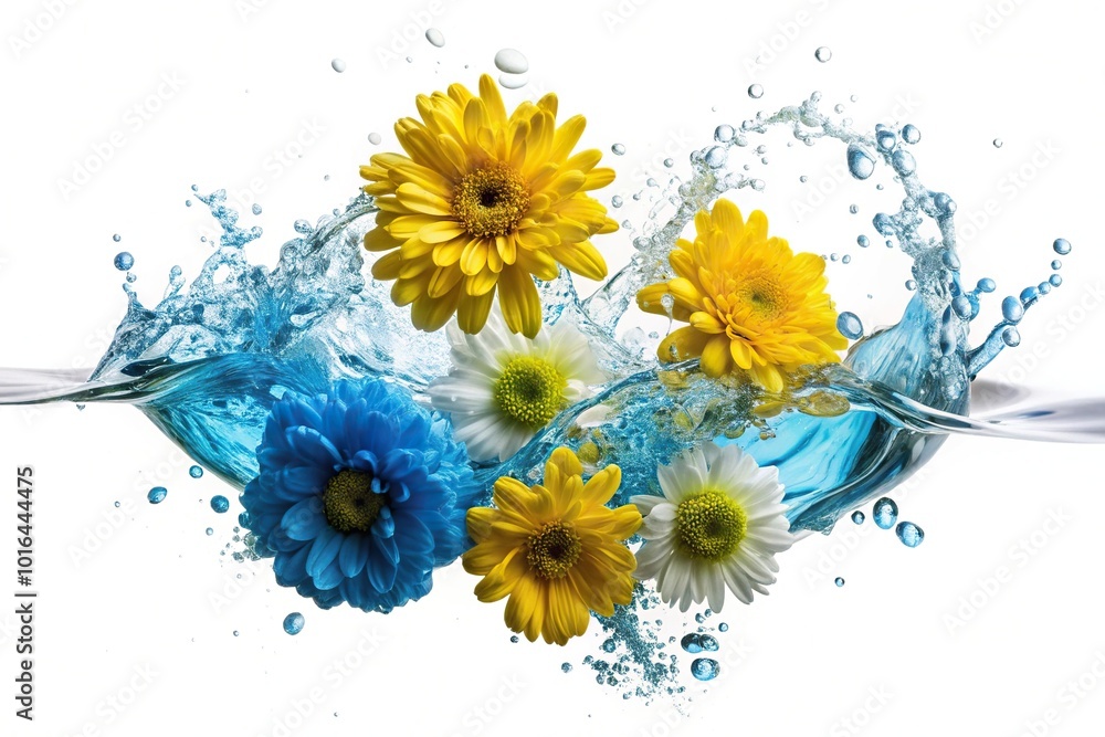 Aerial splash isolated on white with yellow and blue flower Aerial splash isolated on white with yellow and blue flower