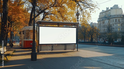 white blank advertising banner at a trolleybus public transport stop in the city near the park. 