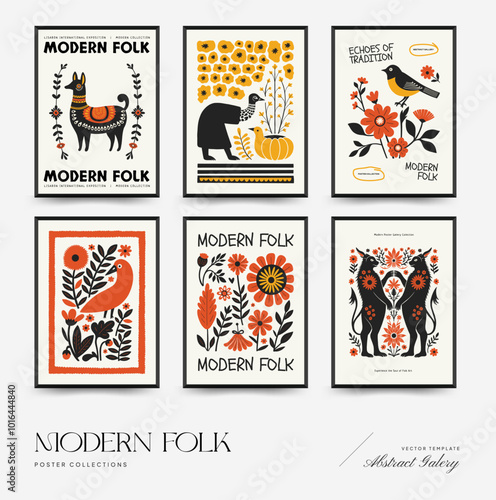 Abstract folk nordic art posters template. Modern trendy minimal style. Hand drawn design for wallpaper, wall decor, print, postcard, cover, template, banner.