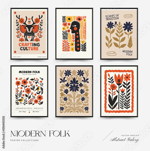 Abstract folk nordic art posters template. Modern trendy minimal style. Hand drawn design for wallpaper, wall decor, print, postcard, cover, template, banner.