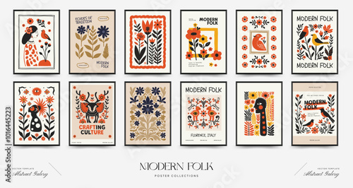 Abstract folk nordic art posters template. Modern trendy minimal style. Hand drawn design for wallpaper, wall decor, print, postcard, cover, template, banner.