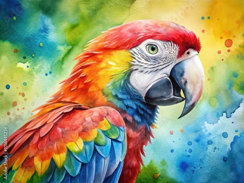 Vibrant Watercolor Painting of a Parrot with Bright Feathers and Artistic Brushstrokes on Paper photo