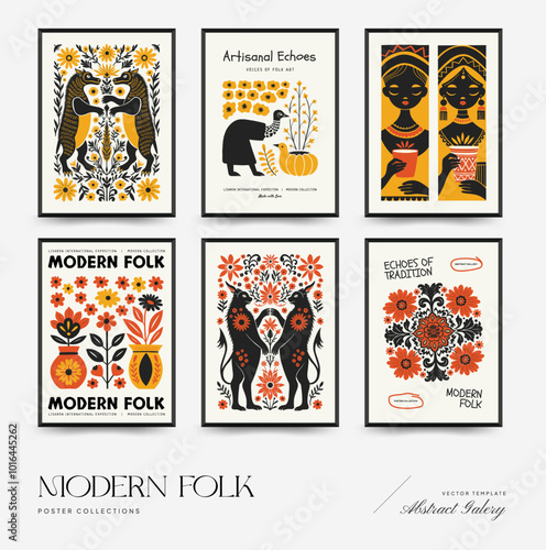 Abstract folk nordic art posters template. Modern trendy minimal style. Hand drawn design for wallpaper, wall decor, print, postcard, cover, template, banner.