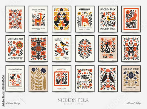 Abstract folk nordic art posters template. Modern trendy minimal style. Hand drawn design for wallpaper, wall decor, print, postcard, cover, template, banner.