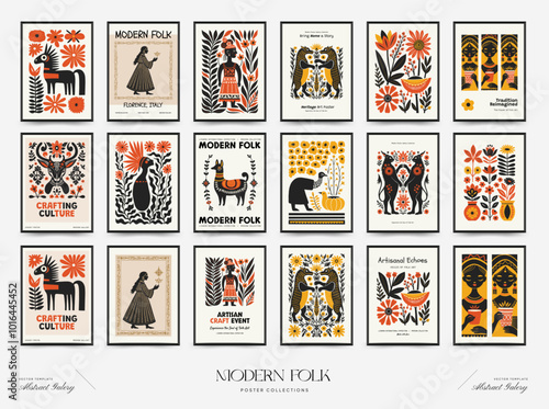 Abstract folk nordic art posters template. Modern trendy minimal style. Hand drawn design for wallpaper, wall decor, print, postcard, cover, template, banner.