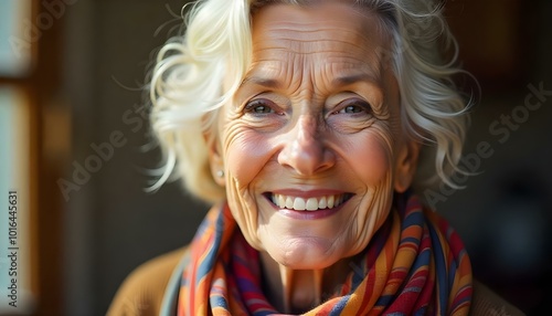 Happy elderly Caucasian woman with a big smile and light blonde hair wearing a colorful scarf