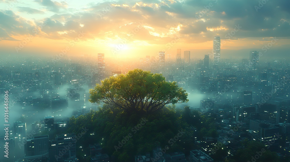 Naklejka premium a cityscape collides,nature showcasing urban biodiversity.illustration