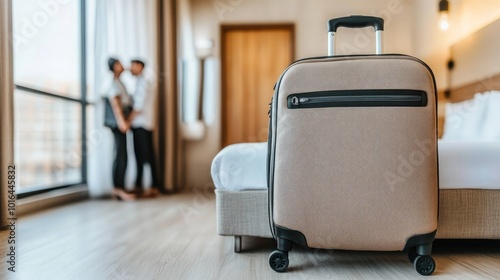 A man stands in a contemporary hotel room next to a suitcase on the bed, while a woman in the background cleans the window with a paper towel, creating an inviting atmosphere