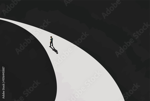  solitude concept art. single lifestyle man walking alone in the night. looking for exit door on path - way. abstract minimal art 