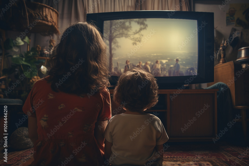 AI generated rear view photo of happy mommy and child watching movie cosy room indoors AI generated rear view photo of happy mommy and child watching movie cosy room indoors