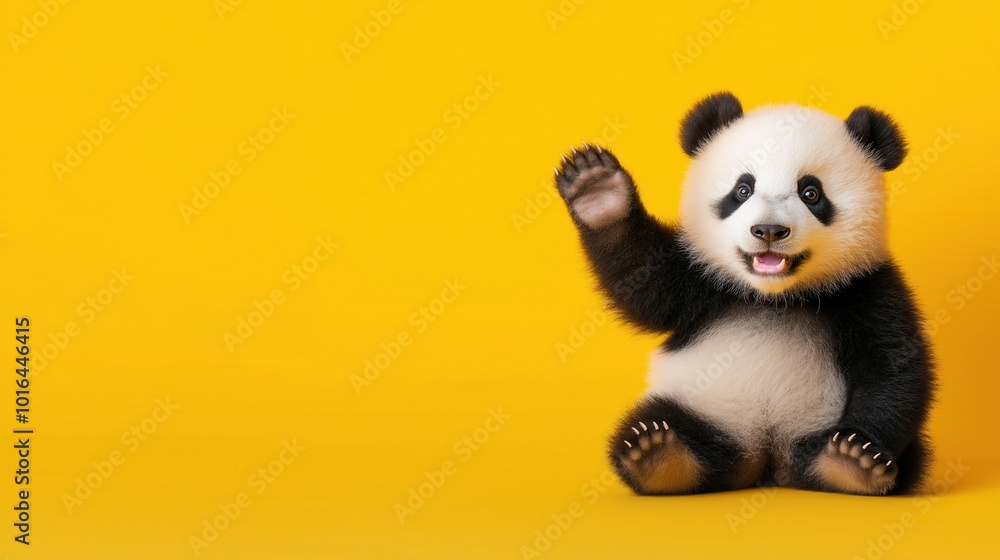 Adorable and Playful Panda Bear Sitting on Bright Yellow Background Cute and Cuddly Endangered Animal Native to China Wildlife Conservation Concept Adorable and Playful Panda Bear Sitting on Bright Yellow Background Cute and Cuddly Endangered Animal Native to China Wildlife Conservation Concept