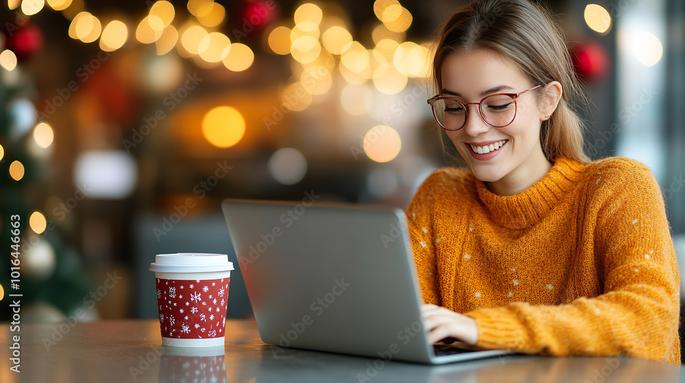 Woman in cozy orange sweater smiles while using laptop in festive cafe, with holiday themed coffee cup beside her. Woman in cozy orange sweater smiles while using laptop in festive cafe, with holiday themed coffee cup beside her.