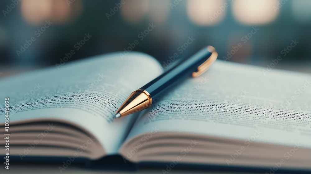 3D render of an open textbook with a glowing pen resting on top, soft light, realistic textures, closeup 3D render of an open textbook with a glowing pen resting on top, soft light, realistic textures, closeup