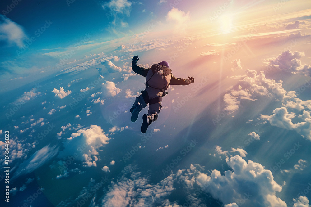 Parachutist with parachute makes heavenly adventure against backdrop of landscape Parachutist with parachute makes heavenly adventure against backdrop of landscape