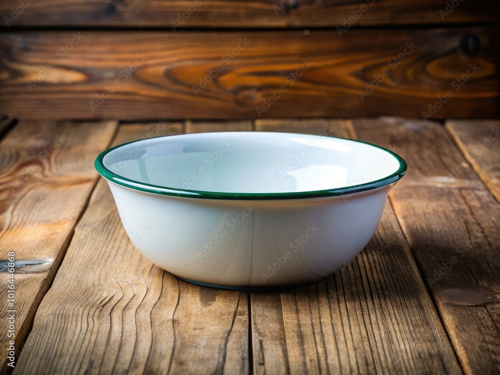 White enamel bowl resting on a rustic wooden table, ideal for cooking and serving delicious dishes in your kitchen, combining charm and functionality effortlessly.