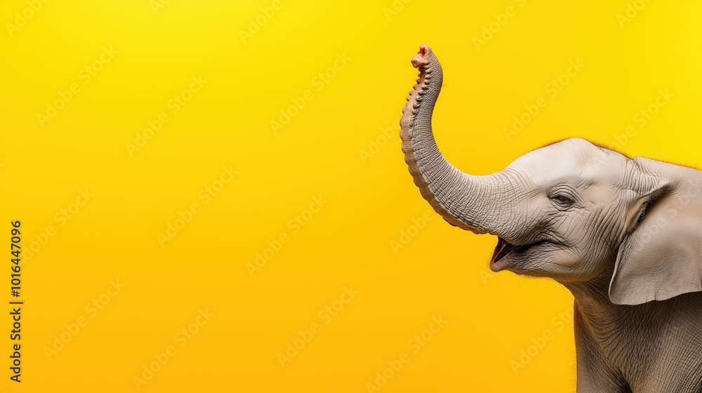 Obraz premium Close up portrait of a majestic gray elephant with its trunk raised looking curiously and peacefully against a vibrant yellow studio background The image showcases the elephant s strong