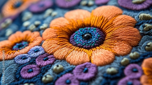 a close up view of intricate classic embroidery showcasing the detailed stitch work and vibrant colors of textile arts.illustration